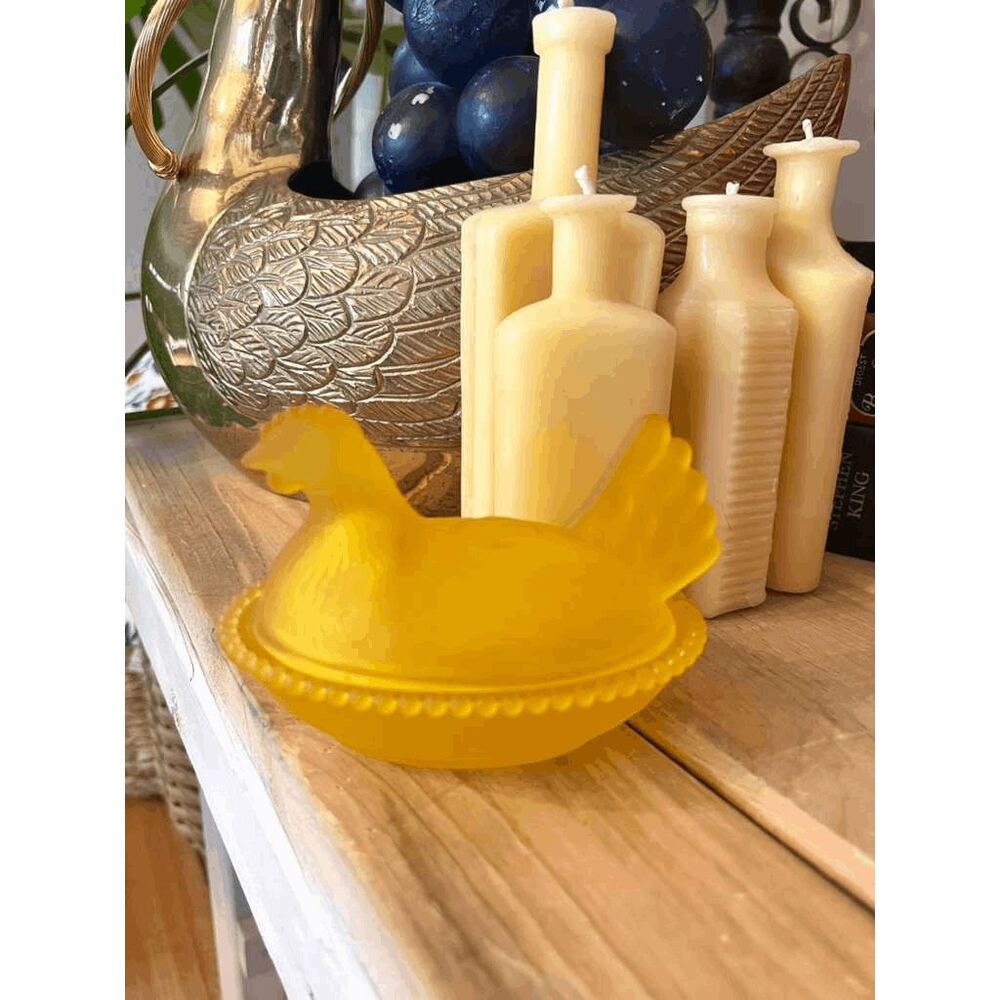 Satin Yellow Hen on Nest Glass Chicken Salt Cellar Candy Dish 4.5"